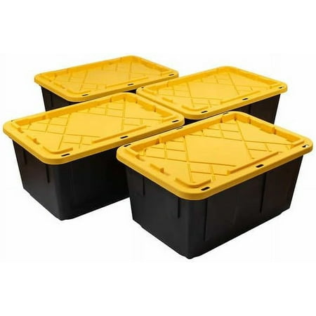 (4 Pack) 27 Gallon Stackable Storage Container With Lid - Black and Yellow Storage Tote - Storage Tote