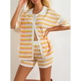 thumbnail image 5 of Musuos Women Summer Crochet Knit Pajamas Set Stripe Contrast Color Button Lapel Tops and Elastic Shorts 2 Pieces Loungewear Suits, 5 of 9