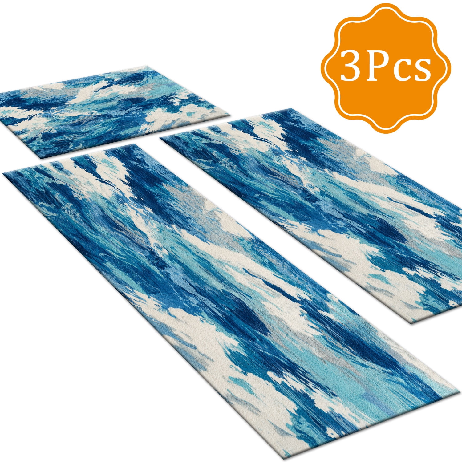 3-Piece Farmhouse Kitchen Rug Set, Washable Anti Slip Striped Floor Mats in 3 Sizes, Stain Resistant Decor Rugs for Kitchen Hallway Bathroom Home Christmas Decor