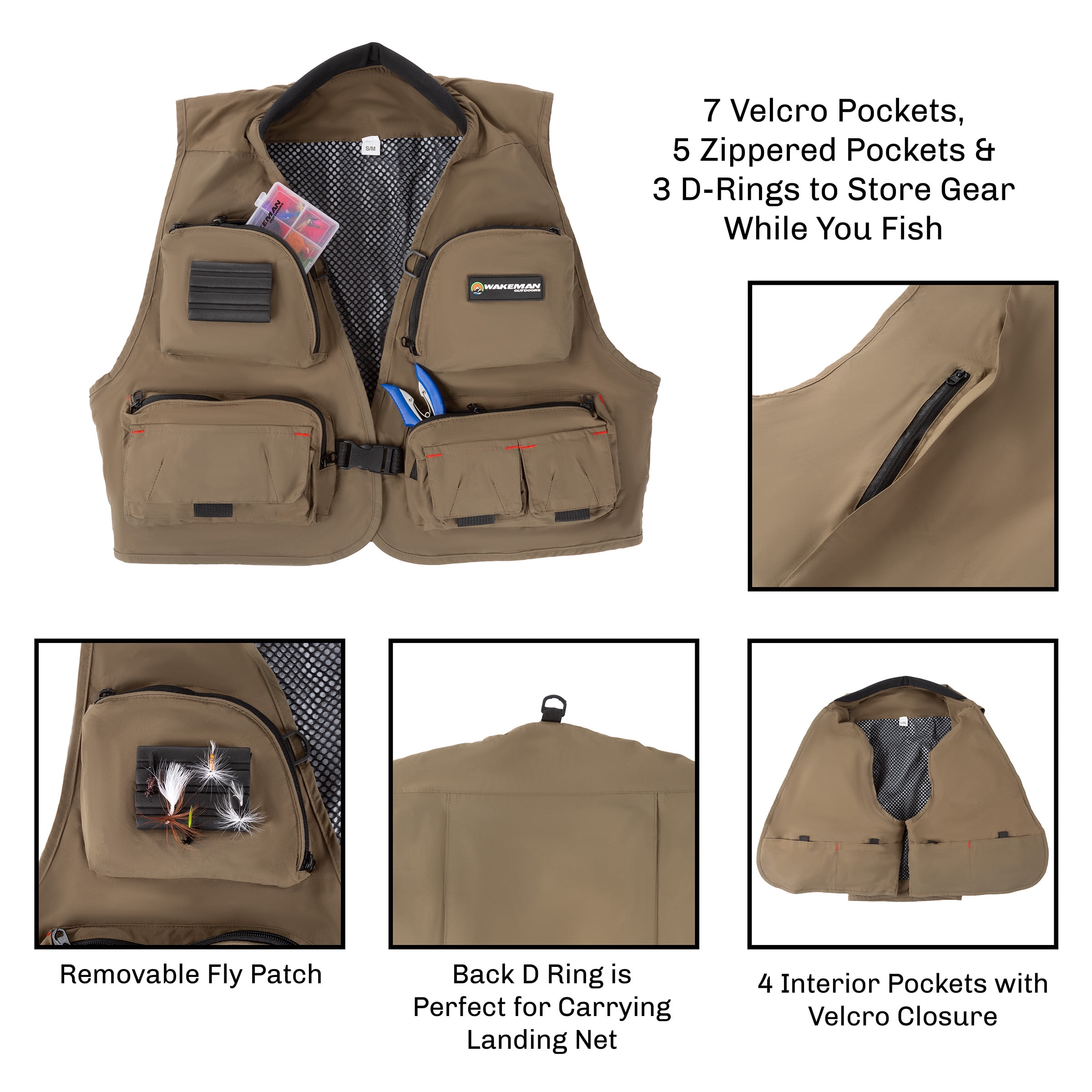 12 Pocket Fishing Vest – Lightweight Tackle Equipment Organizer Jacket with 3 D-Rings for Lake, Stream and Pond Fishing by Wakeman Outdoors (S/M)