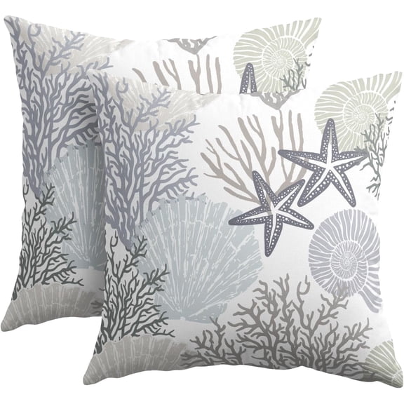 Nautical Coastal Pillow Covers 18x18 Inch Set of 2 Ocean Coral Seashell Starfish Throw Pillow Covers Summer Beach Outdoor Pillow Cases Cotton Linen Square Cushion Covers for Couch Bed Sofa Home Decor