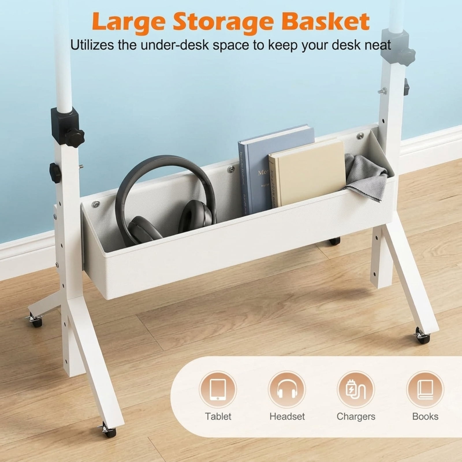 Furnibear Mobile Standing Desk and Height Adjustable Rolling Laptop Desk with Cup Holder Storage Basket and Lockable Wheels for Home Office, Natural