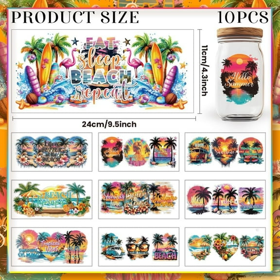 20 Pcs UV DTF Cup Wraps 10 Styles Summer Beach Decals Cartoon Rub on Decals Waterproof Transfer Stickers for Glass Cups Wood Crafts