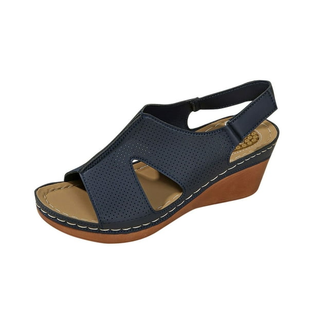 Navy Ladies Casual Sandals With Round Toe And Wedge Heel Comfortable For Outdoor And Indoor Use