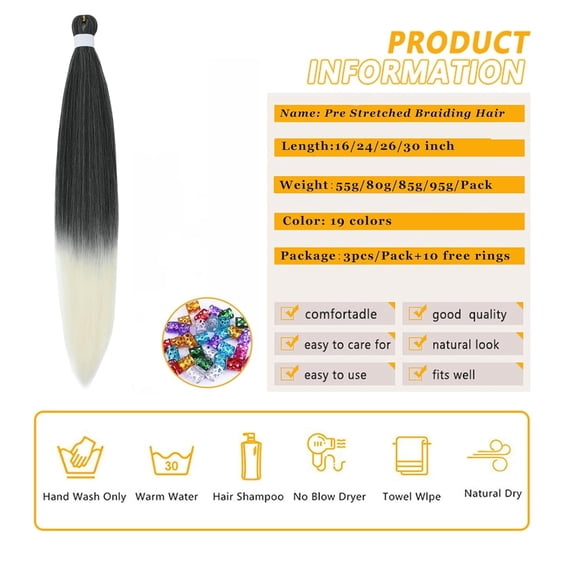 WEIF-Braiding Hair Pre Stretched for Women Hair Extensions Box Braids Soft Synthetic Knotless Yaki Texture Hot Water Setting Braid Black 613 (24inch 3Packs)