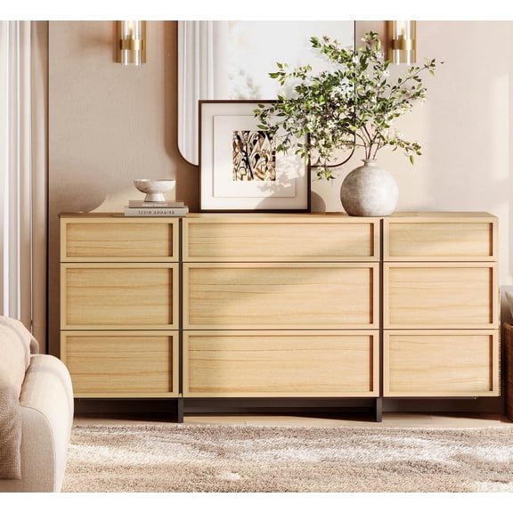 WAMPAT Modern 9-Drawers Dresser for Bedroom, Wooden Chest of Drawers with T-Shaped Wood Legs, Storage Cabinet and Closet Organizer for Bedroom, Hallway, Living Room, Oak