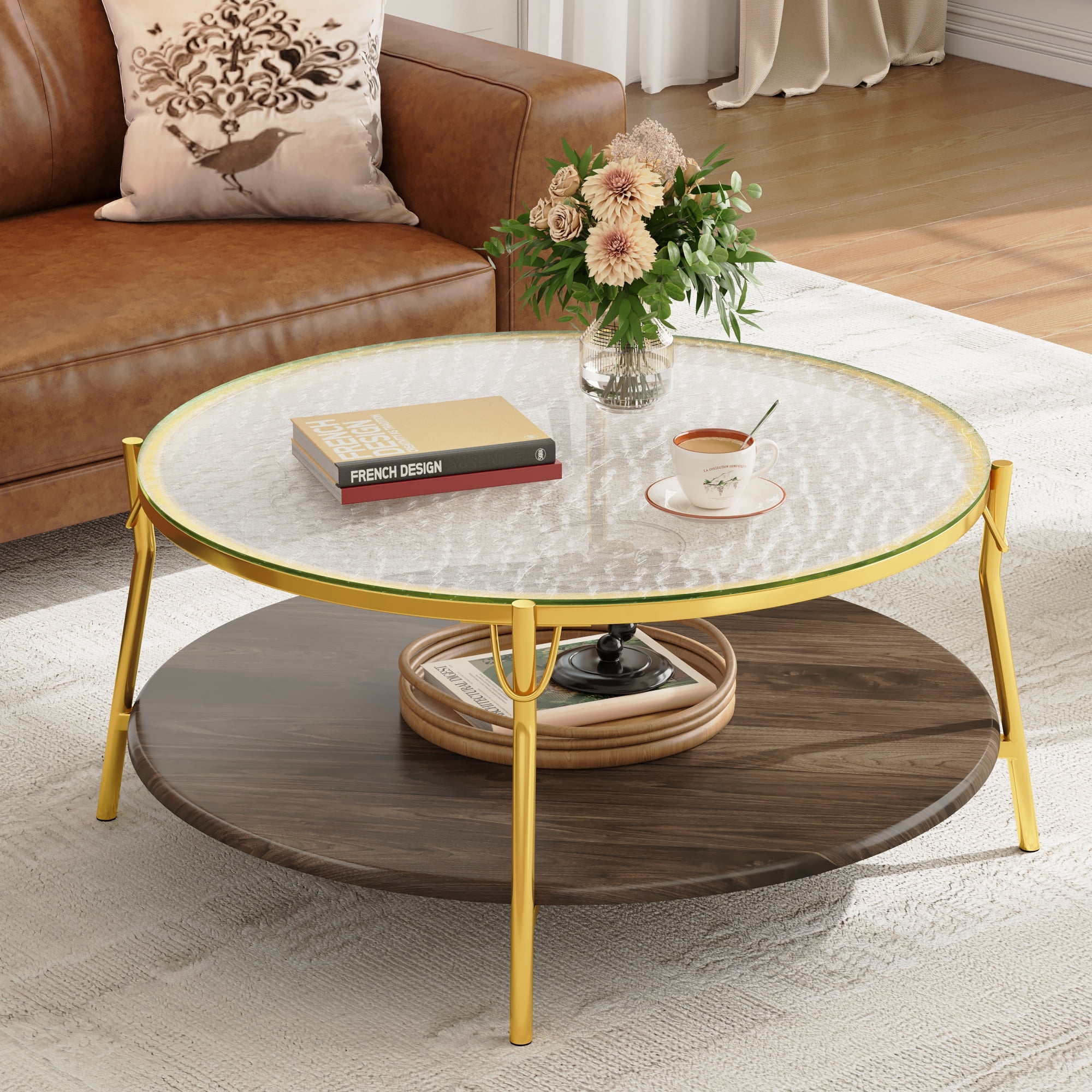 TesNus Modern Round 2-Tier Coffee Table with Glass Top, 29.9" Walnut Accent Table with Gold Metal Base for Living Room