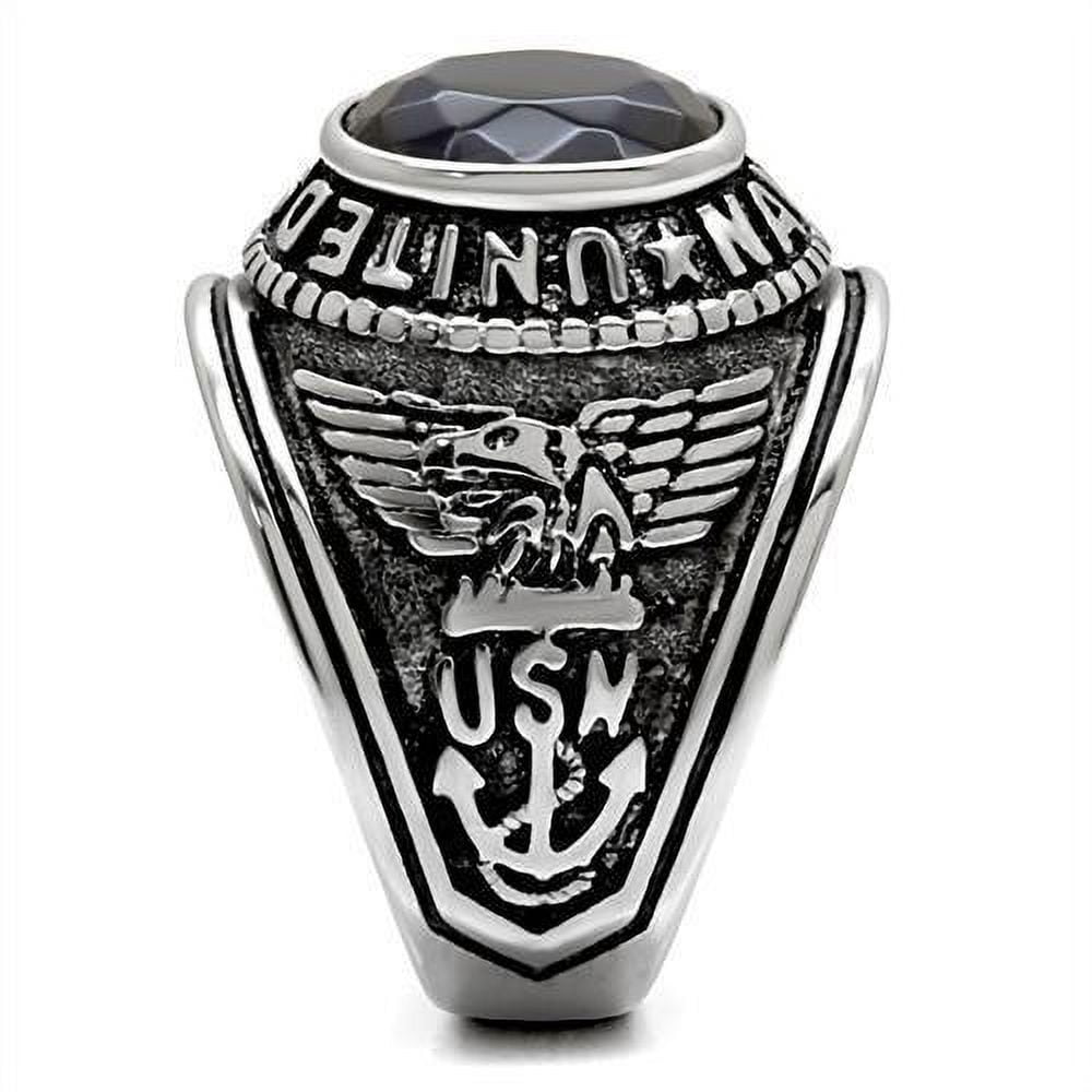 US Navy Ring for Men and Women Unisex Stainless Steel Military Patriotic Ring in Silver with Blue Stone