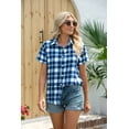 thumbnail image 4 of Women Short Sleeve Button Down Plaid Print Casual Blouses Tops, 4 of 4