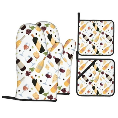 

Oven Mitts and Pot Holders Sets 4 pcs - Wine Bottle Print No.9037 Heat Resistant Silicone Oven Gloves with Non-Slip Silicone Surface and hot pads for kitchen Baking Cooking BBQ