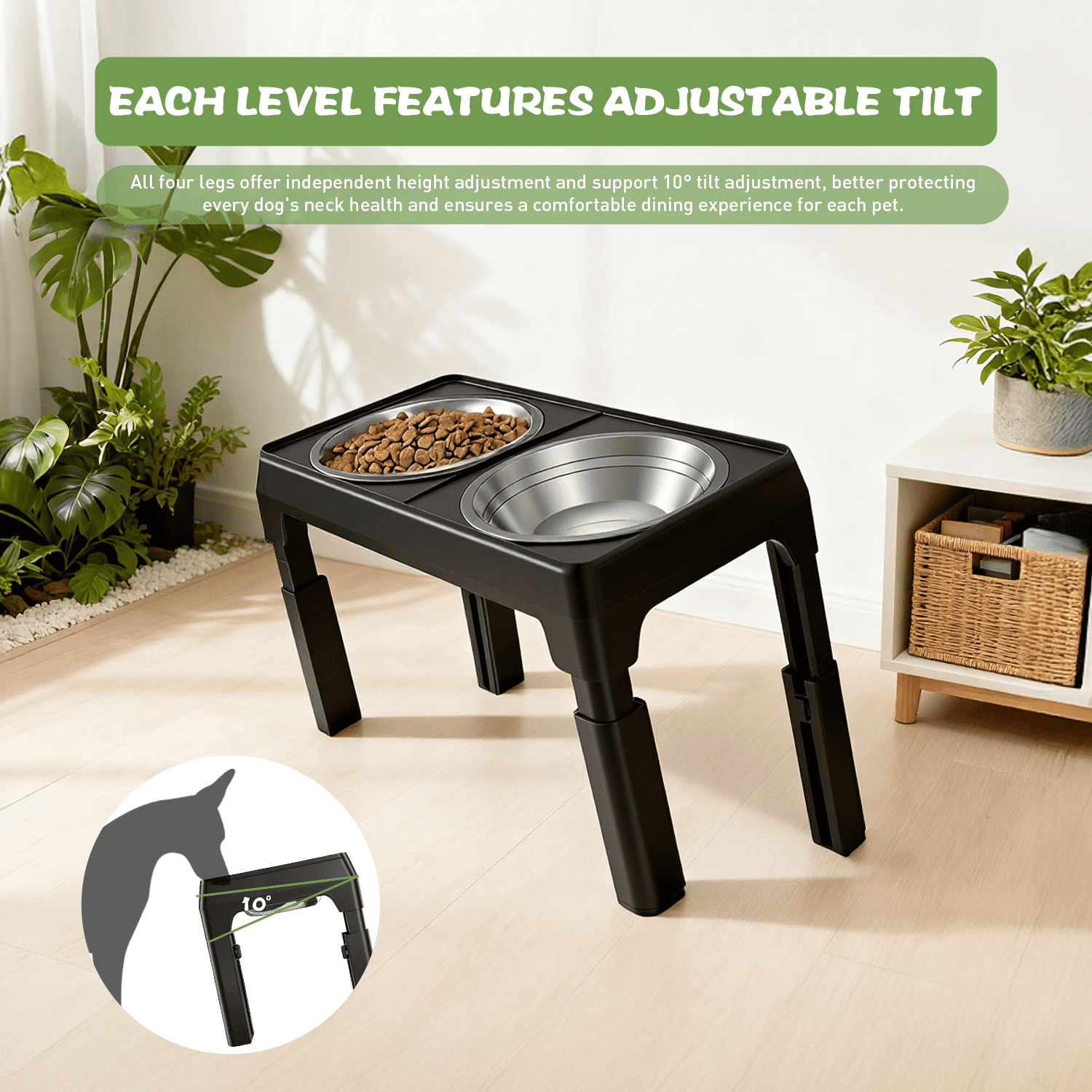 ABSOKE Elevated Dog Bowls - 5 Heights Adjustable Raised Dog Food Bowls with 2 Stainless Steel for Small Medium Large Dogs Cats