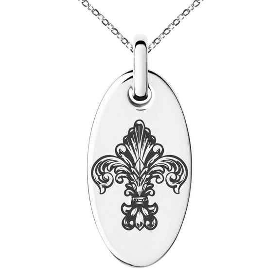 Tioneer Stainless Steel Royal Fleur De Lis Engraved Small Oval Charm Pendant Necklace
