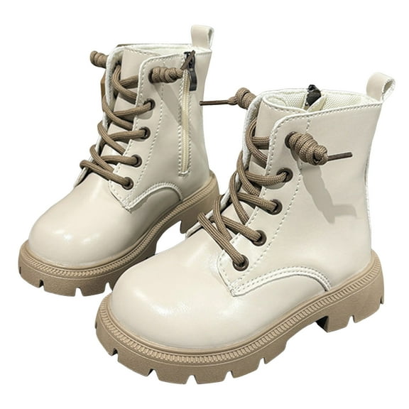 Girl's Winter Combat Boots Trendy Round Toe Lace up Side Zipper Chunky Lug Sole Riding Booties Casual Dress Fall Boots Beige 1.5 Big Kid
