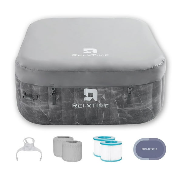 RELXTIME Spa Gonflable pour 2 à 4 Personnes 61 Pouces Carré d'Extérieur Portable pour la Maison avec 110 Jets d'Air Apaisants, Couvercle de Spa, Pompe Chauffe-Eau et Cartouches de Filtre