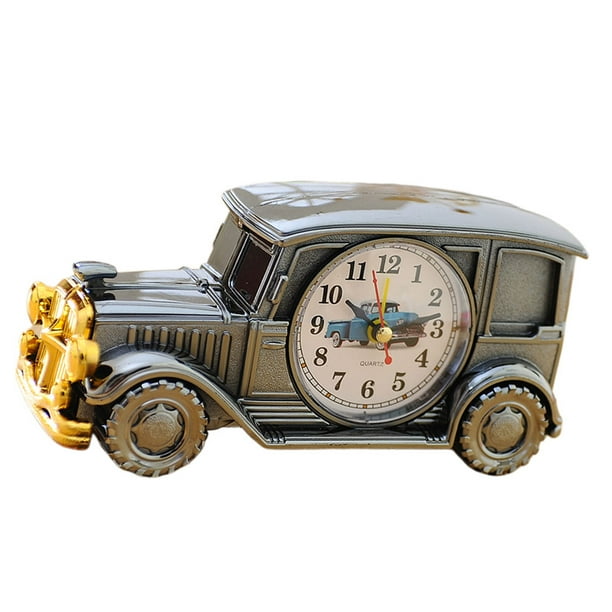 1 reloj despertador de escritorio con forma de coche clásico, reloj de noche, decoración para el hogar, dormitorio, oficina, color negro y plateado.