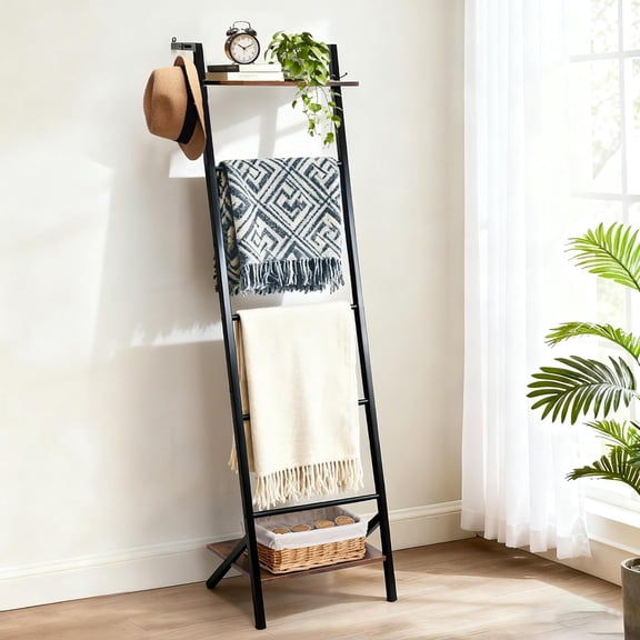 5 Tier Blanket Ladder with Shelf and Hooks, 4.8ft Metal Ladder Shelf Blanket Holder Storage Rack for Living Room Bedroom, Free Standing Towel Rack for Bathroom