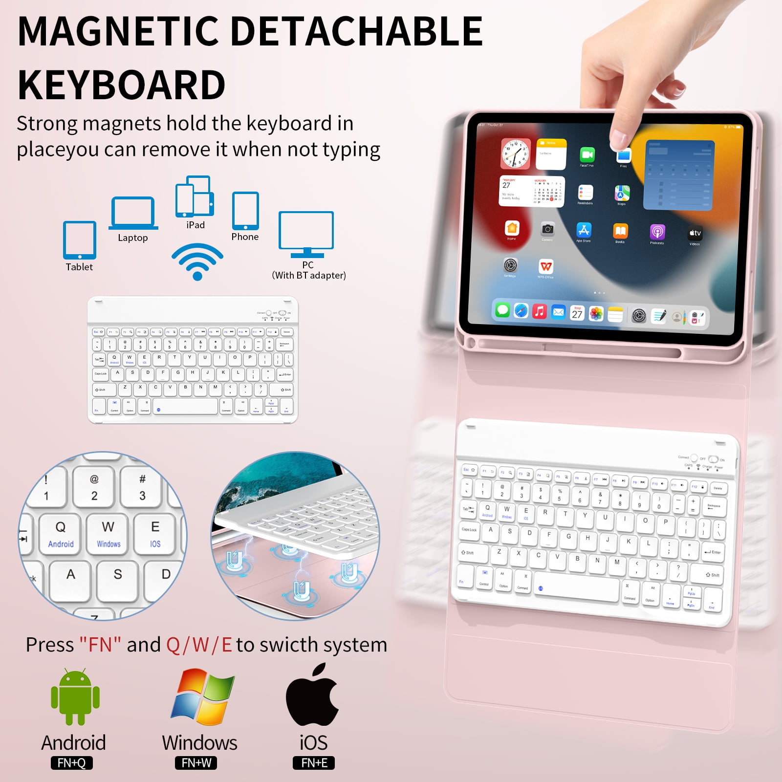 Aoub Keyboard Case for iPad (A16) 11th 10th Generation 2025 2022 with Pencil Holder, Detachable Wireless Bluetooth Rechargeable Keyboard Cover, Pink
