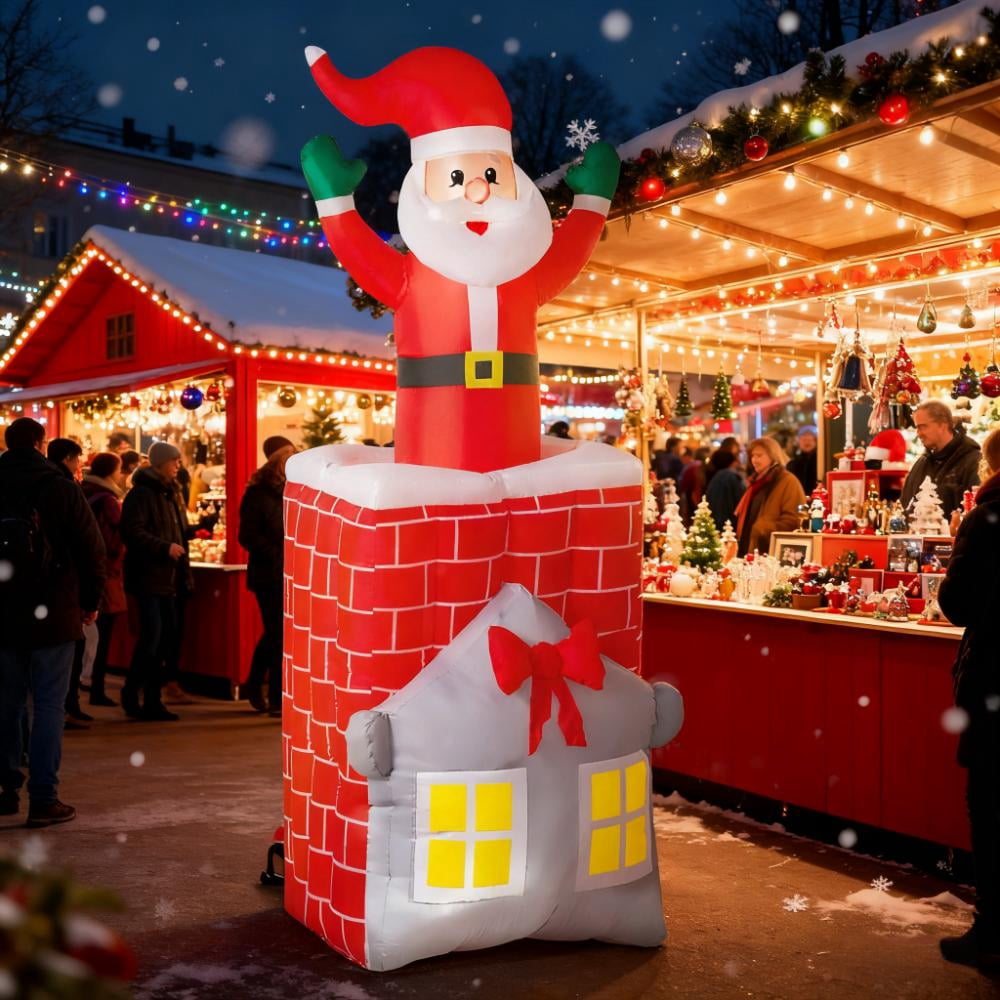 Dynamic Santa Claus Inflatable Rising from Chimney with LED Lights Outdoor Yard Christmas Decoration