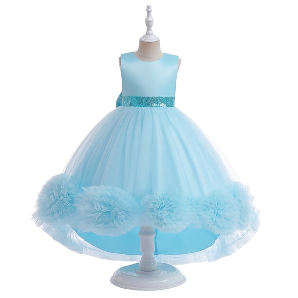 Girls Sleeveless Flower Girl Dress, Princess Party Gown with Sequin Waist and Tulle Flower Hem, Junior Bridesmaid Wedding Birthday Celebration Dress, Formal Wear for Ages 2-12 Years Sky Blue 150