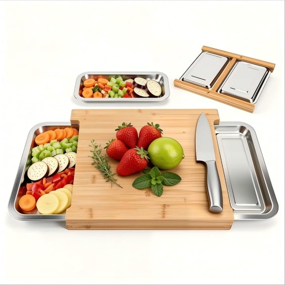 Bamboo Cutting Board with 2 Stainless Steel Sliding Drawers, Non-Slip Kitchen Wood Chopping Board for Meat, Vegetables and Fruits