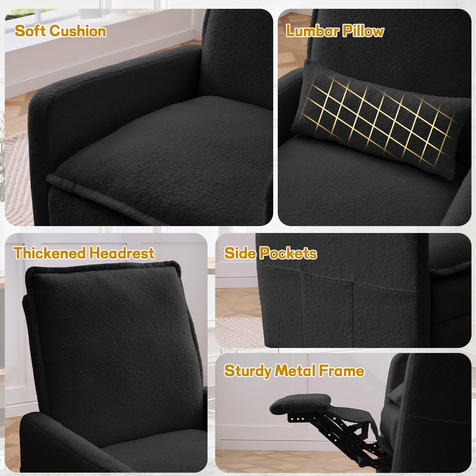 Korser Manual Swivel Rocker Recliner Chair with Side Pockets Nursery Glider Recliner for Living Room, Nursery, Black