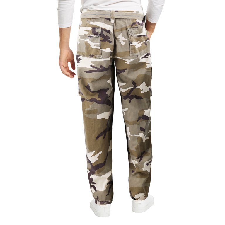 Men's Casual Belted Army Camo Trousers Camouflage Tactical Utility Cargo  Pants (Desert, 46x30)