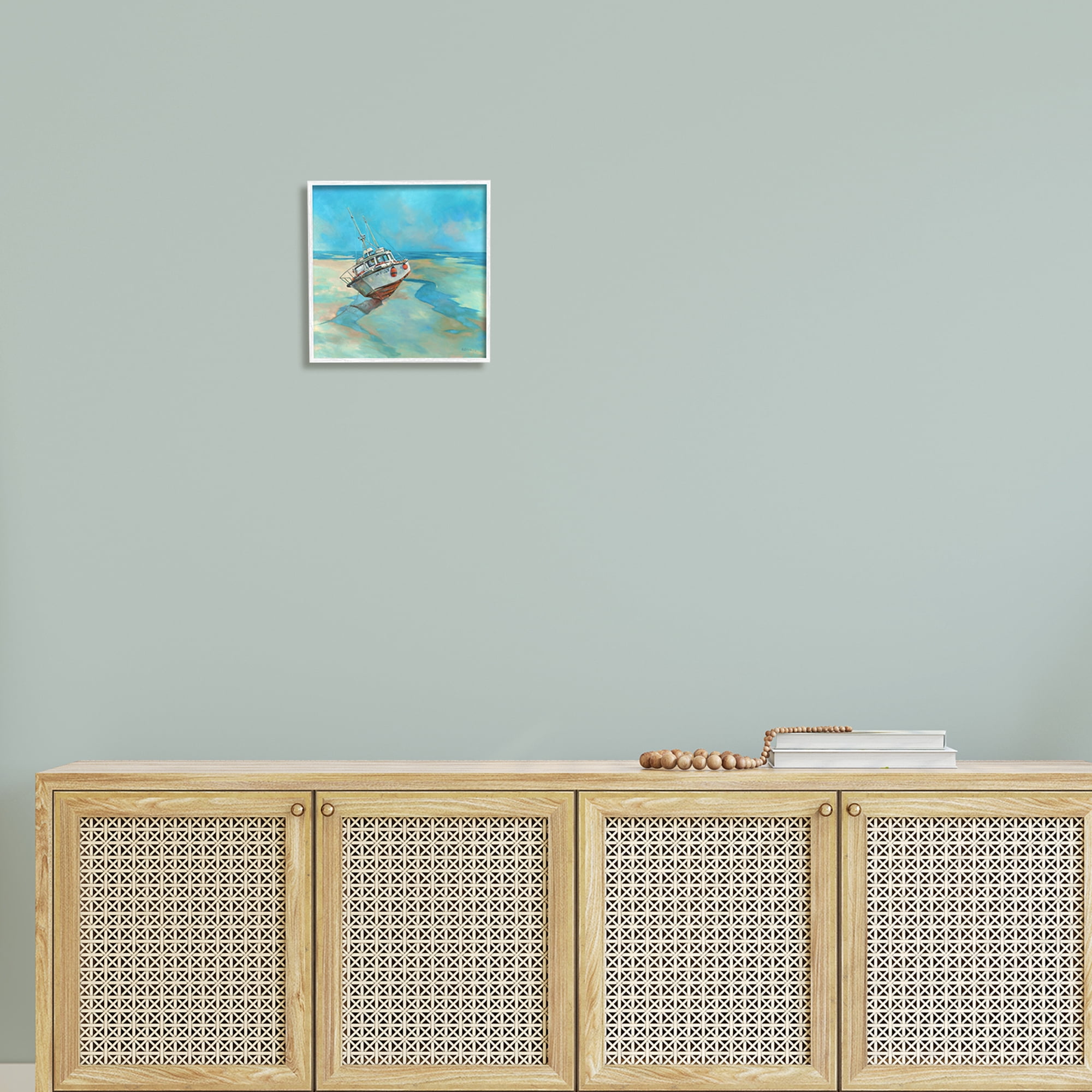 Stupell Low Tide Boat Beach Shore Landscape Painting White Framed Art Print Wall Art