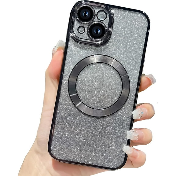 for iPhone 15 Case Glitter Magnetic Compatible with MagSafe Full Camera Lens Protection Luxury Plating Cute Bling Clear Shockproof Slim Phone Case for Women Girls, Black