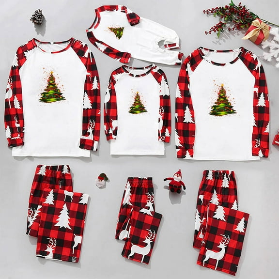 Odeerbi Christmas Pajamas for Family Holiday Long Sleeve Family Christmas Pajamas Matching Sets Dad Christmas Plaid Printed Blouse Tops   Pants Sleepwear Family Matching PJs Set Red