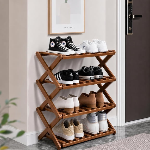 HDUTNGISN 4 Tier Foldable Bamboo Shoe Rack,Tool Free Setup Shoe Organizer, 20x10x22in Entryway Storage,Tawney