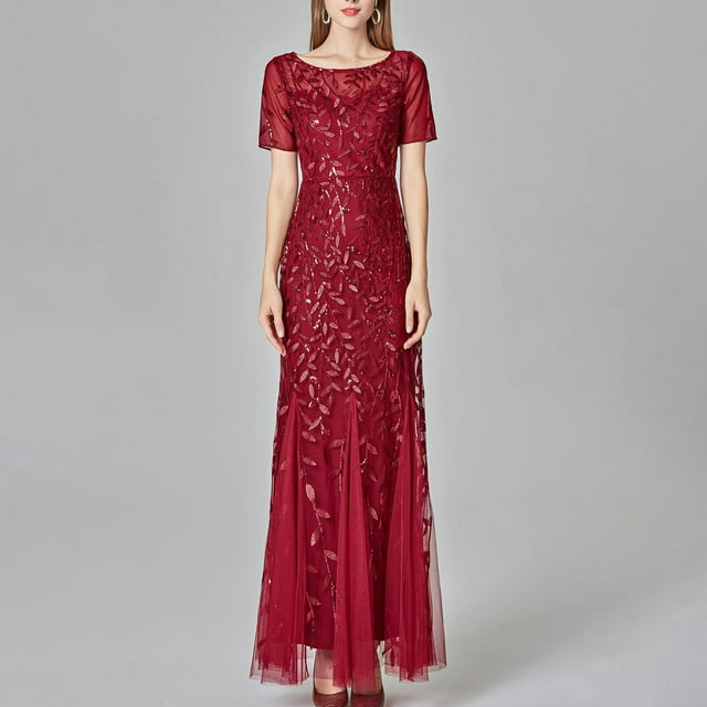 SMihono Robe Maxi Bohème d'Été pour Femmes Grande Taille Robe Longue à Manches Courtes Col Rond Couleur Unie Robe de Soirée Slim Robe de Plage