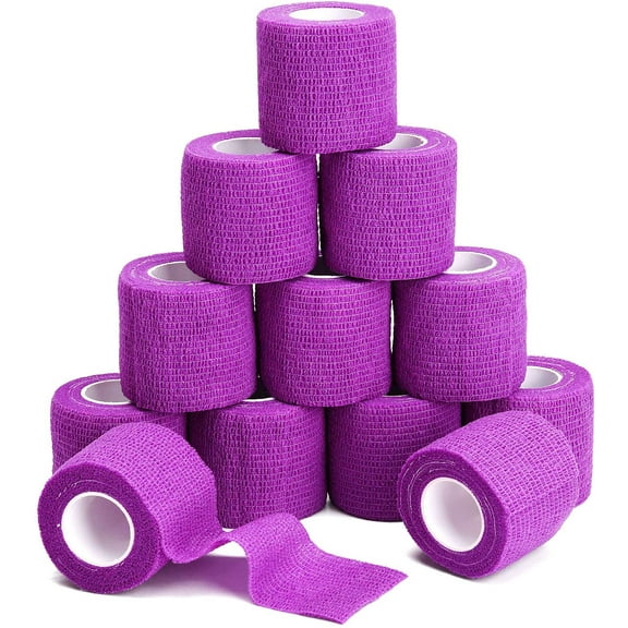 12PCS Self Adhesive Cohesive Bandage, 2"x5yd / 5cmx4.5m Elastic Cohesive Bandage Wrap Gauze, Breathable Medical First Aid Tape for Wrist, Ankle, Knee, Leg Sprains & Swelling - Purple