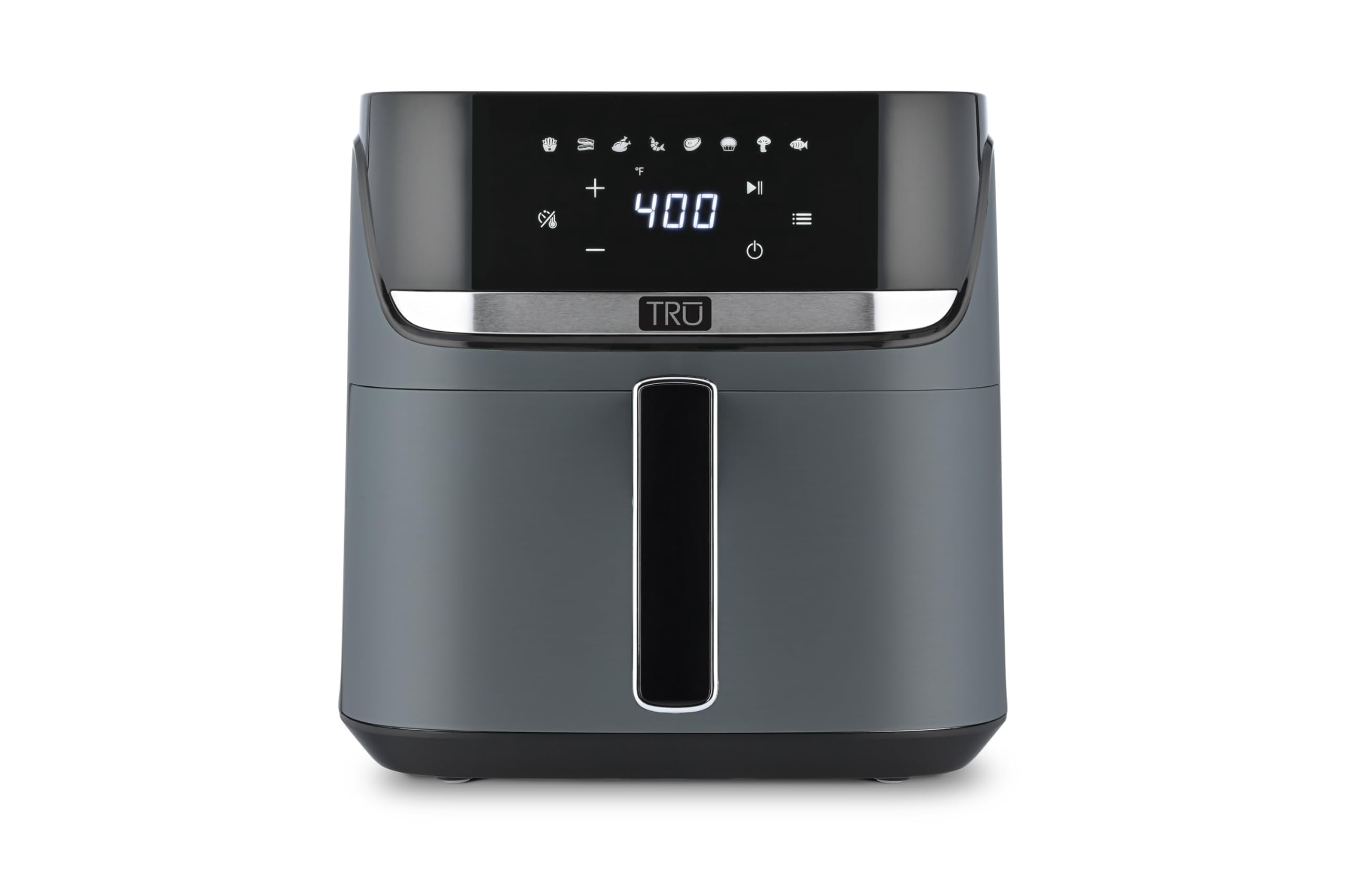 TRU 8-Quart Digital Air Fryer by Select Brands - Family Size, One-Touch Control, 8 Presets - Air Fry Chicken, Meat, Veggies, Fries - Nonstick Pot and Crisping Tray, Auto Shut Off, Matte Gray