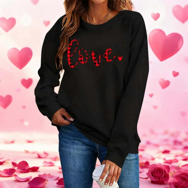 Ounisa Chemises à Manches Longues pour Femmes Col Rond T-Shirts de la Saint-Valentin avec Mots Imprimés Cœur Amour Hauts Chandail à la Mode
