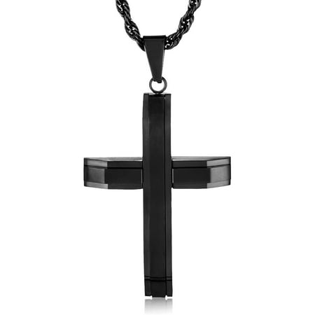 Crucible Men's Black IP Polished Stainless Steel Layered Cross Pendant, 24