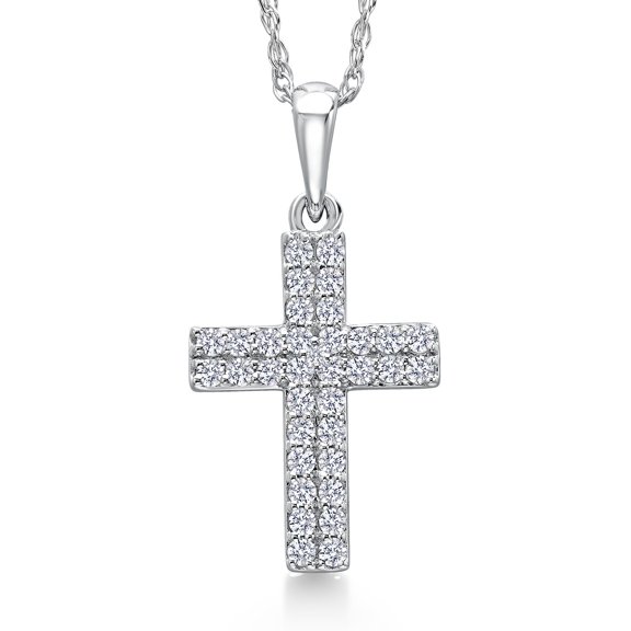 Gem Stone King Solid 10K White Gold White Lab Grown Diamond Cross Necklace | 0.175 Cttw | 12X10MM | Jesus Christian Religious Crucifix Jewelry Pendant Necklace for Women | With 18 inch Chain