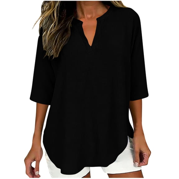 Htigea Womens Summer Tunic Tops Short Sleeve V-Neck T-Shirt Casual Trendy Curved Hem Shirts Black S