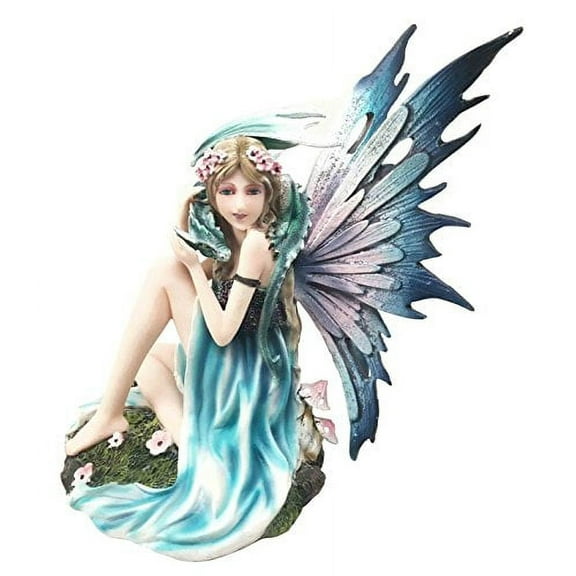 Beautiful Sky Cloud Fairy Goddess With Pet Lapis Lazuli Dragon Figurine Meadows of Fae Garden Sculpture Statue
