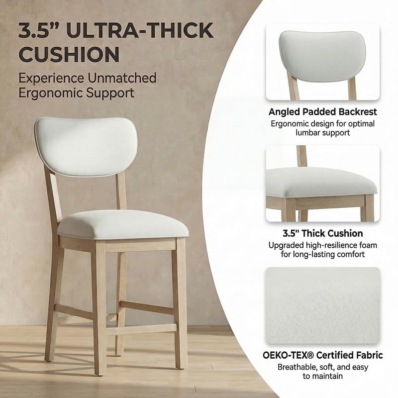 COLAMY Set of 4 Counter Height Bar Stools, Solid Wood Upholstered Barstools with Backrest, Modern Farmhouse Fabric Kitchen Island Stools，Natural