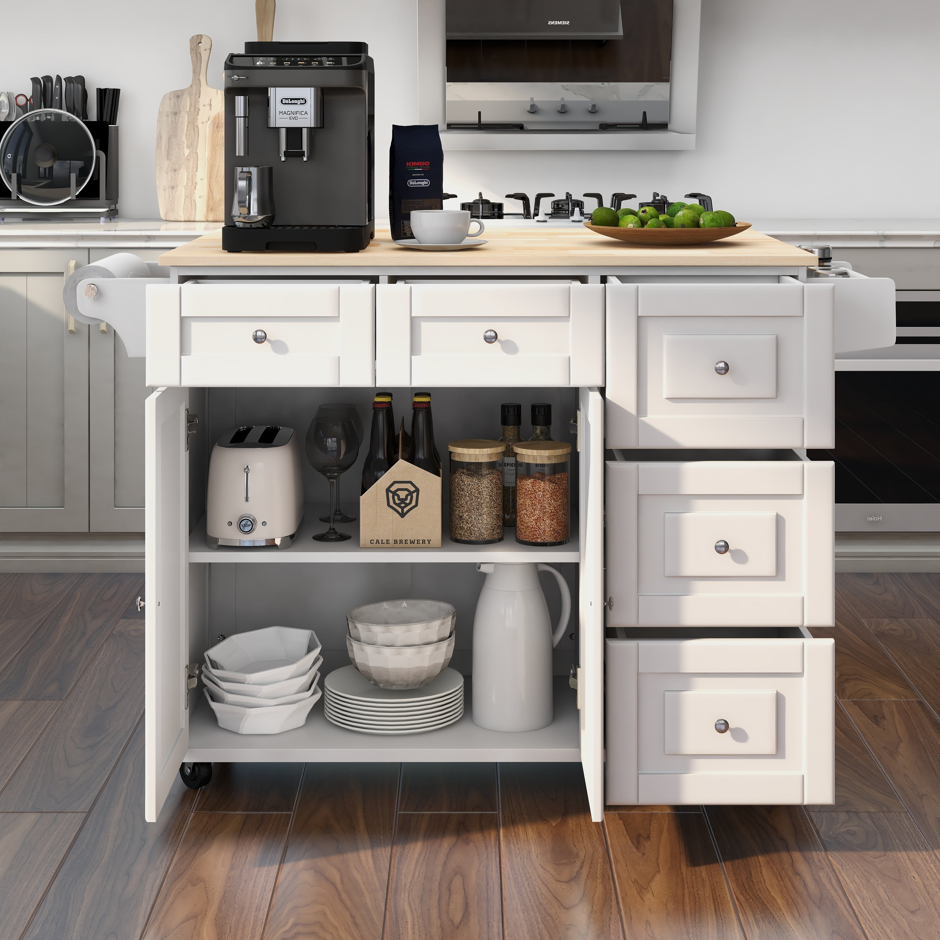 Homrest Kitchen Island with Drop Leaf,Kitchen Cart Rolling Mobile Island with Wooden Countertop, Spice Rack,Adjustable Shelves and Drawers, White