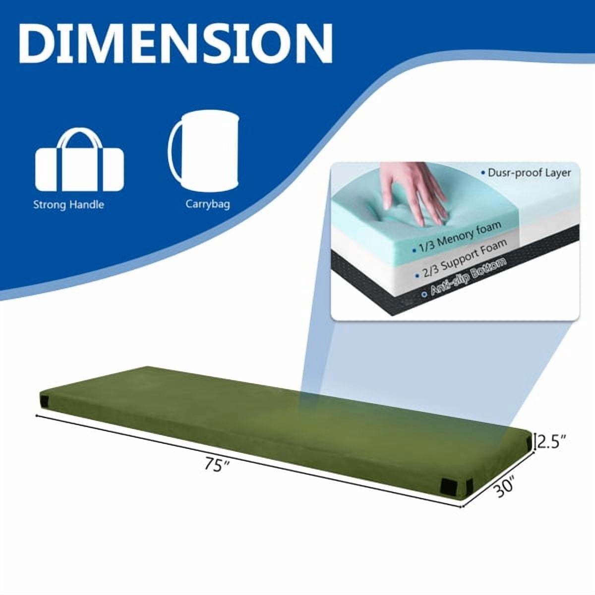 Alvantor 2.5 Inch Memory Foam Floor Mattress, Roll up Sleeping Pad with Carry Bag, Portable Guest Bed, Army Green, 75 x 30 in