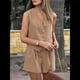 thumbnail image 5 of Conjuntos de Verano de 2 Piezas para Mujer, Sin Mangas, con Cuello en V, Abotonado, Chaleco y Pantalones Cortos con Bolsillos. Caqui L, 5 of 10