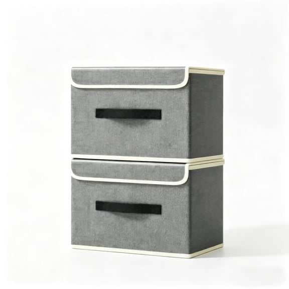 Foldable Storage Box with Lid, 2-Piece Set, Gray Fabric Organizer with Handles, Stackable Closet Bins for Clothes & Toys