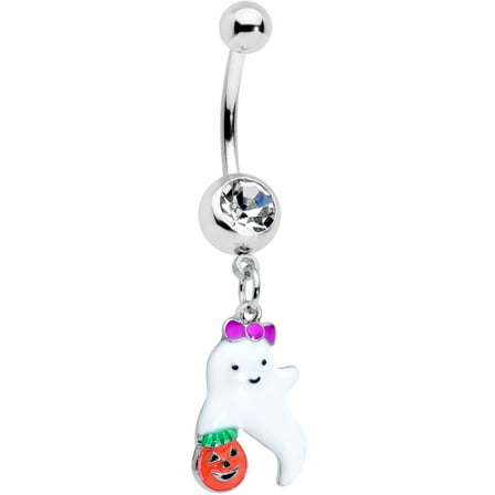 Body Candy Womens 14G Steel Navel Ring Piercing Clear Trick or Treat Ghost Dangle Belly Button Ring