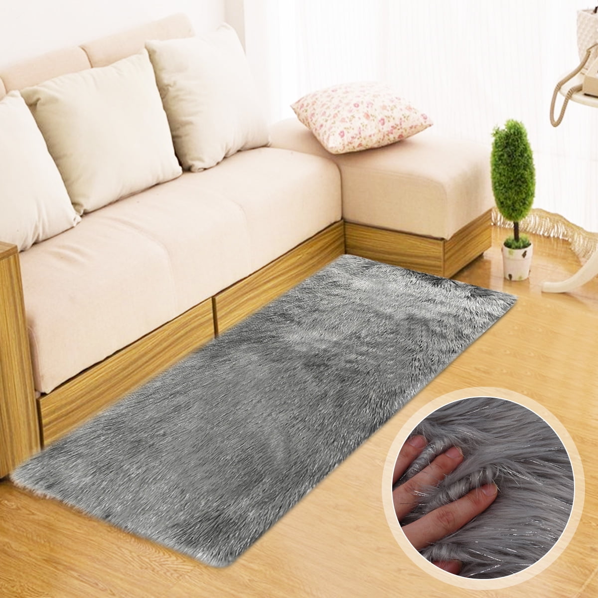 Shag Area Rug Ultra Suede Lining 12 Colors Off White Faux Fur Rectangle 