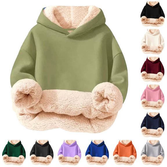 GobdXE Solid Sherpa Lined Kids Thick Pullover Hooded Sweatshirt Long Sleeve with Kangaroo Pocket Rib Army Green,7-8 Years