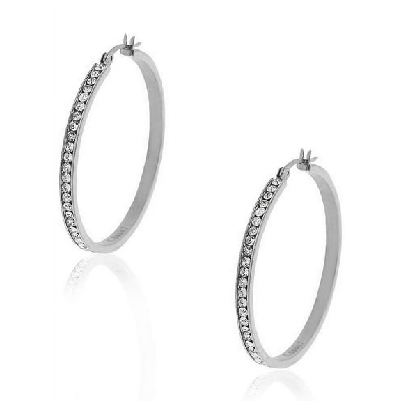 Stainless Steel White Clear CZ Classic Round Hoops Earrings, 1.85"