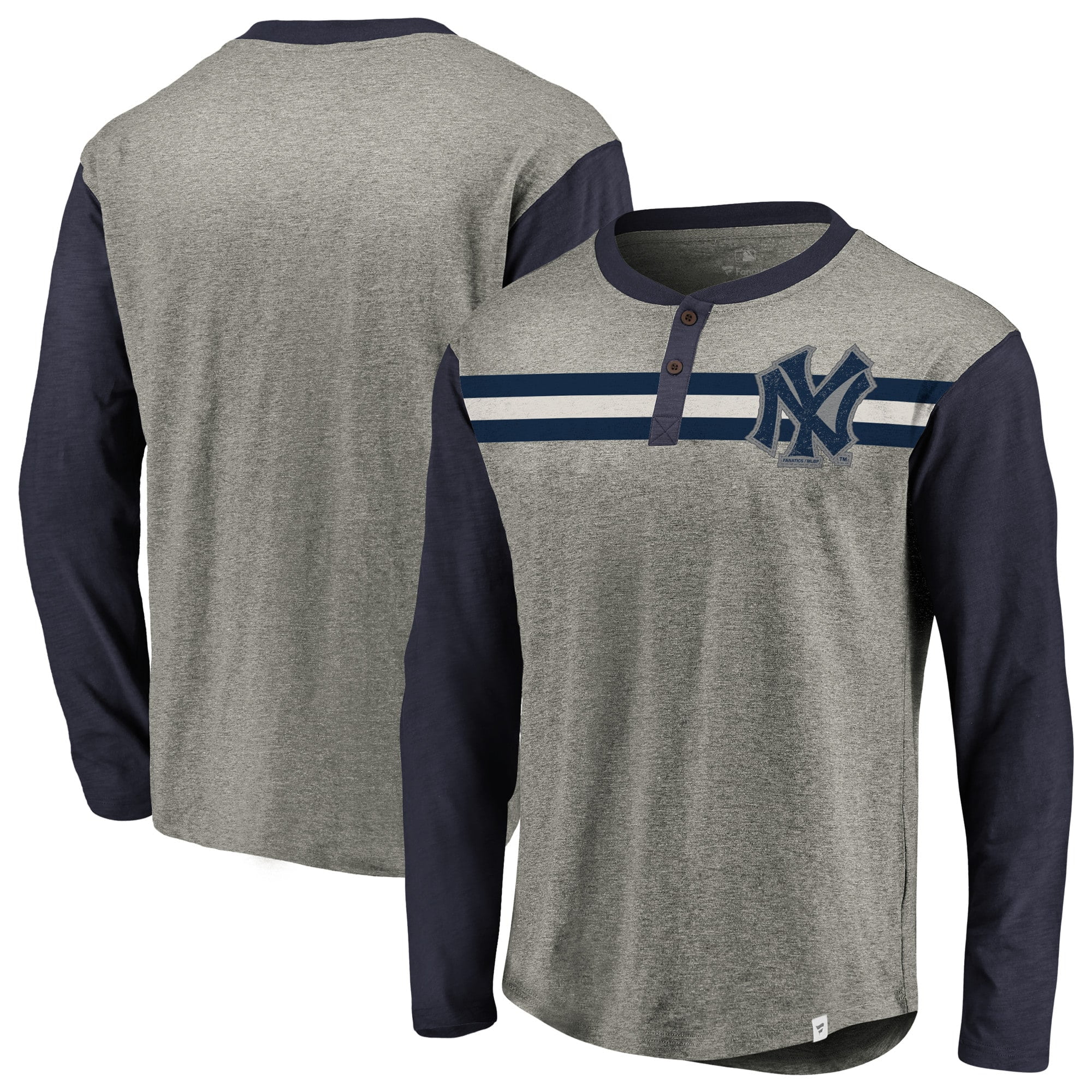 New York Yankees Fanatics Branded True Classics Stripe Henley Long Sleeve TShirt Heathered
