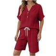 thumbnail image 2 of Xdegoge Women's Cotton Linen 2 Piece Outfits Summer Casual V Neck Button Down Short Sleeve Shirts and Drawstring Shorts Lounge Set Tracksuit with Pockets, 2 of 5