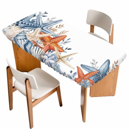Orange Blue Starfish Coastal Table Cloths for 5 Foot Rectangle Tables Nautical Beach Eucalyptus Patio Waterproof Elastic Fitted Tablecloths Washable Rectangular Table Cover for Camping